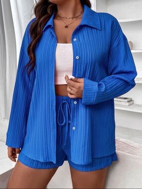 SHEIN Blue Ribbed Lounge Shirt & Short Set - Women Intimates